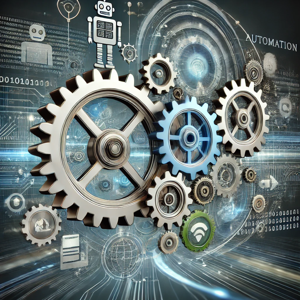 A-dynamic-illustration-depicting-automation-featuring-interconnected-gears-turning-smoothly-with-automation-icons-such-as-robots-software-and-work.