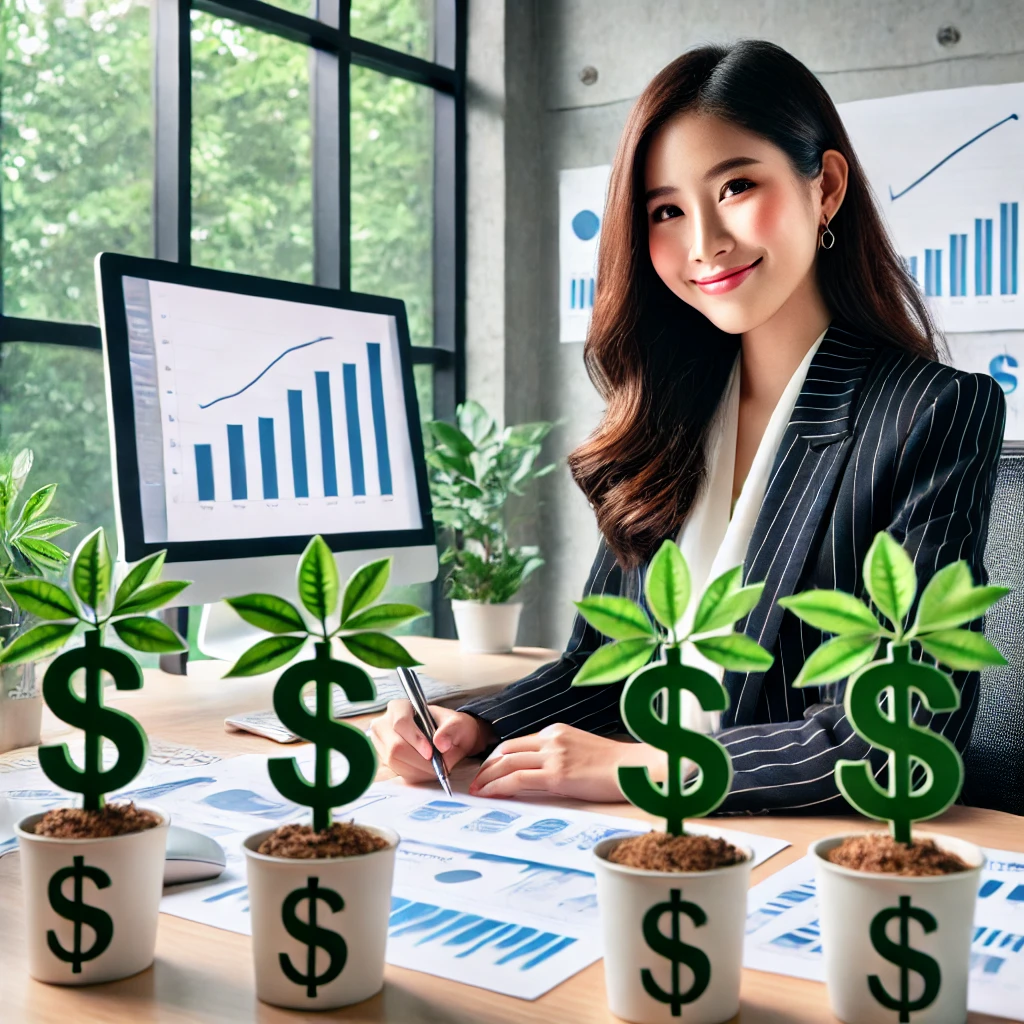A modern Asian businesswoman sits on the far left of a modern office environment, reviewing documents at a desk. In the foreground, plants with money-shaped leaves grow in pots marked with dollar signs, symbolizing financial growth. The workspace is bright and organized, with charts and graphs visible on a computer screen, representing business success and productivity.