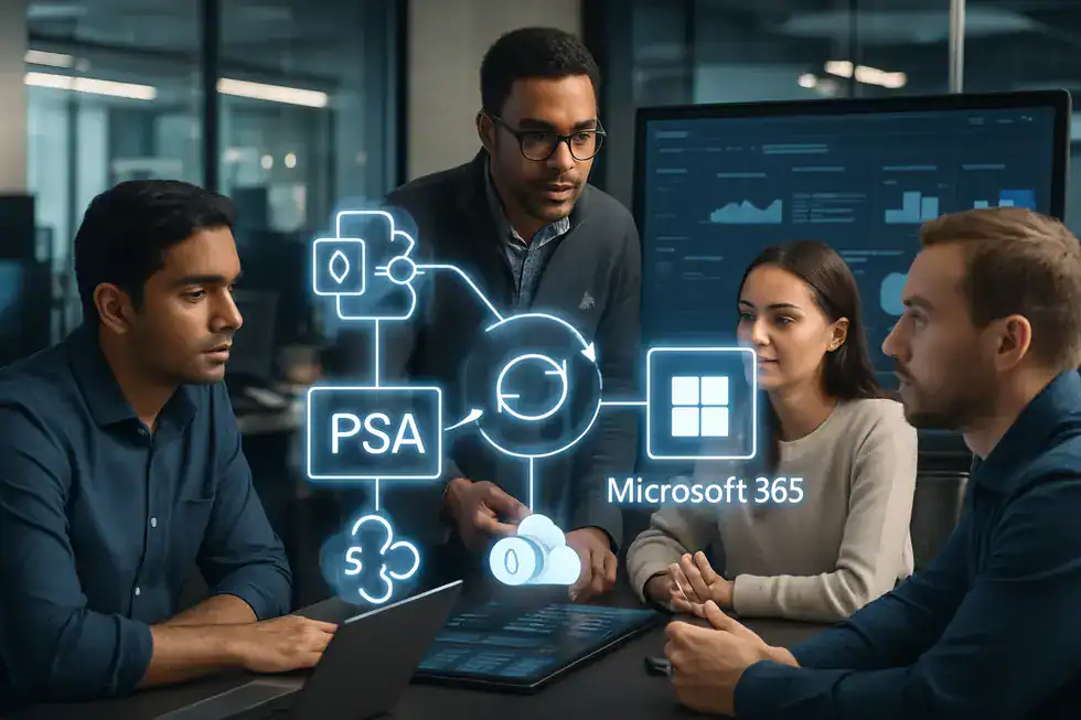 Team reviews interactive dashboard showing successful integration between PSA platforms and Microsoft 365.